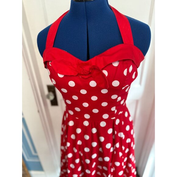 VTG Y2K Red with White Polka Dot Halter Top Swing Dress Golightly Large - Picture 2 of 6